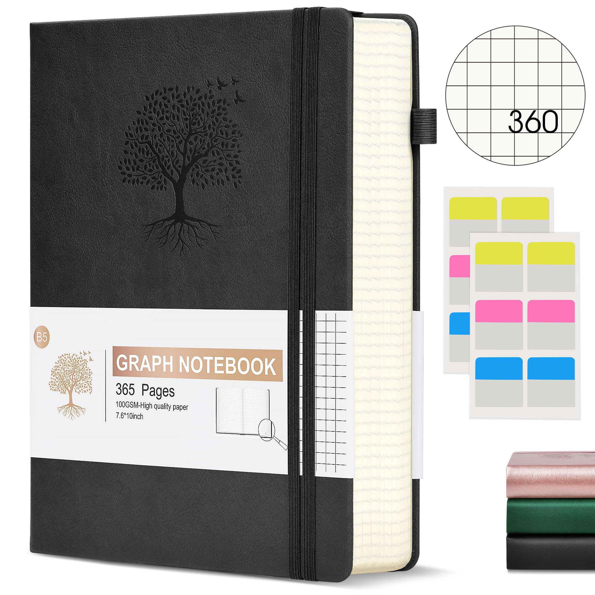 Ansopu Graph Paper Notebook Journal, 360 Numbered Pages Grid Notebooks, Thick 100Gsm Graphing Paper Notebook Journals For Women