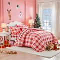 Christmas Duvet Cover Set Red White Plaid Style Queen Size - Snowflakes Snowman Socks Gift Box Holiday Style - New Year Gift Dec