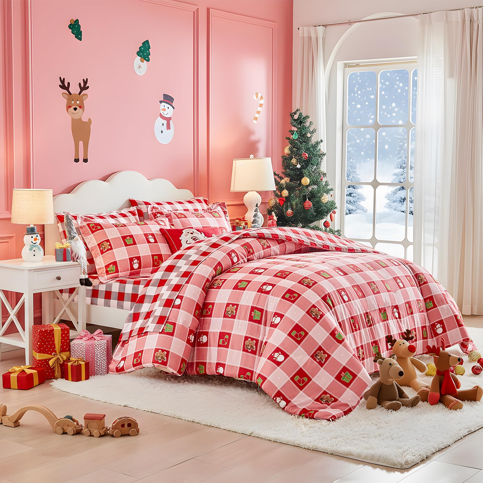Christmas Duvet Cover Set Red White Plaid Style Queen Size - Snowflakes Snowman Socks Gift Box Holiday Style - New Year Gift Dec