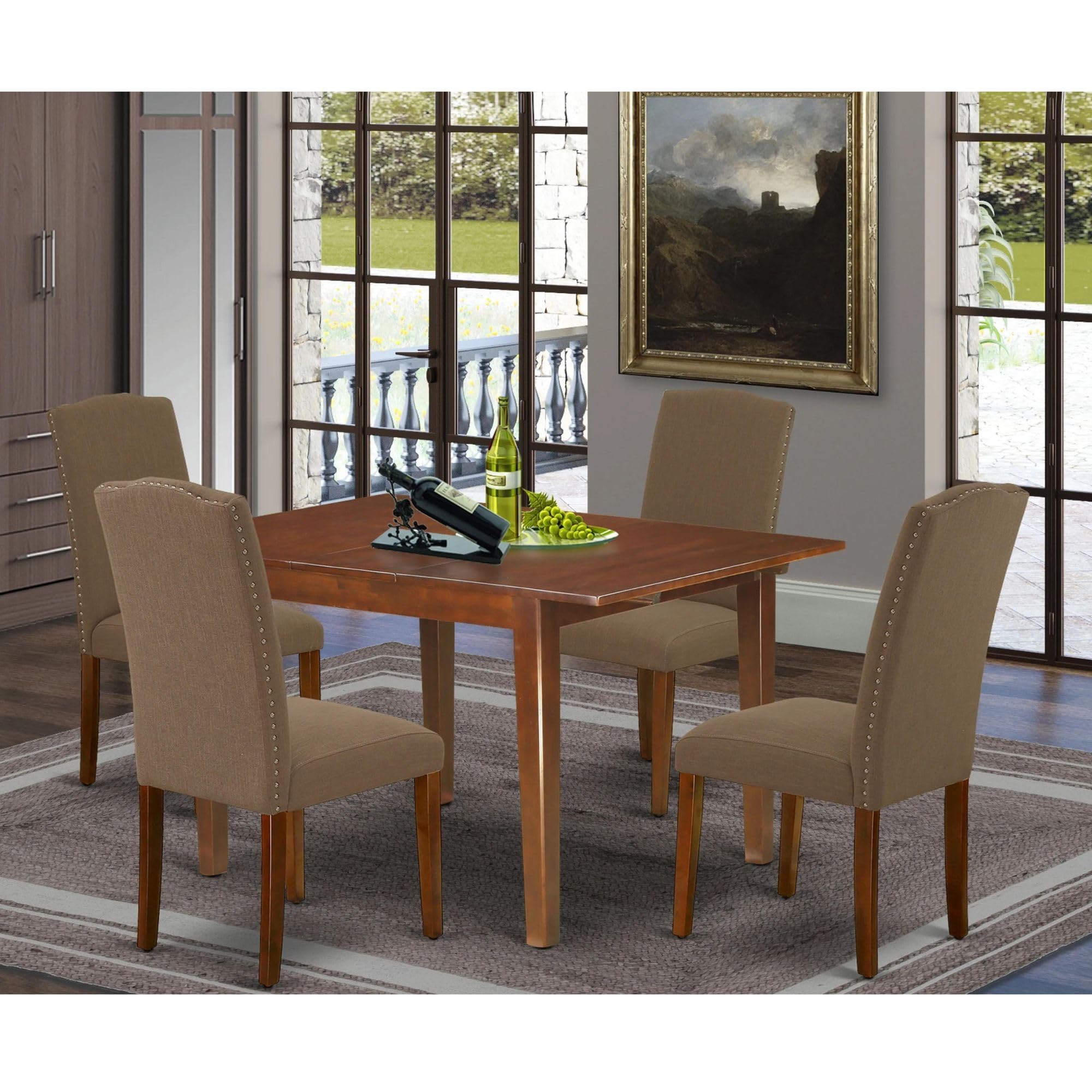 East West Furniture Mlen5-Mah-18 5 Piece Modern Dining Table Set Includes A Rectangle Wooden Table With Butterfly Leaf And 4 Dark Coffee Linen Fabric Parsons Chairs, 36X54 Inch, Mahogany
