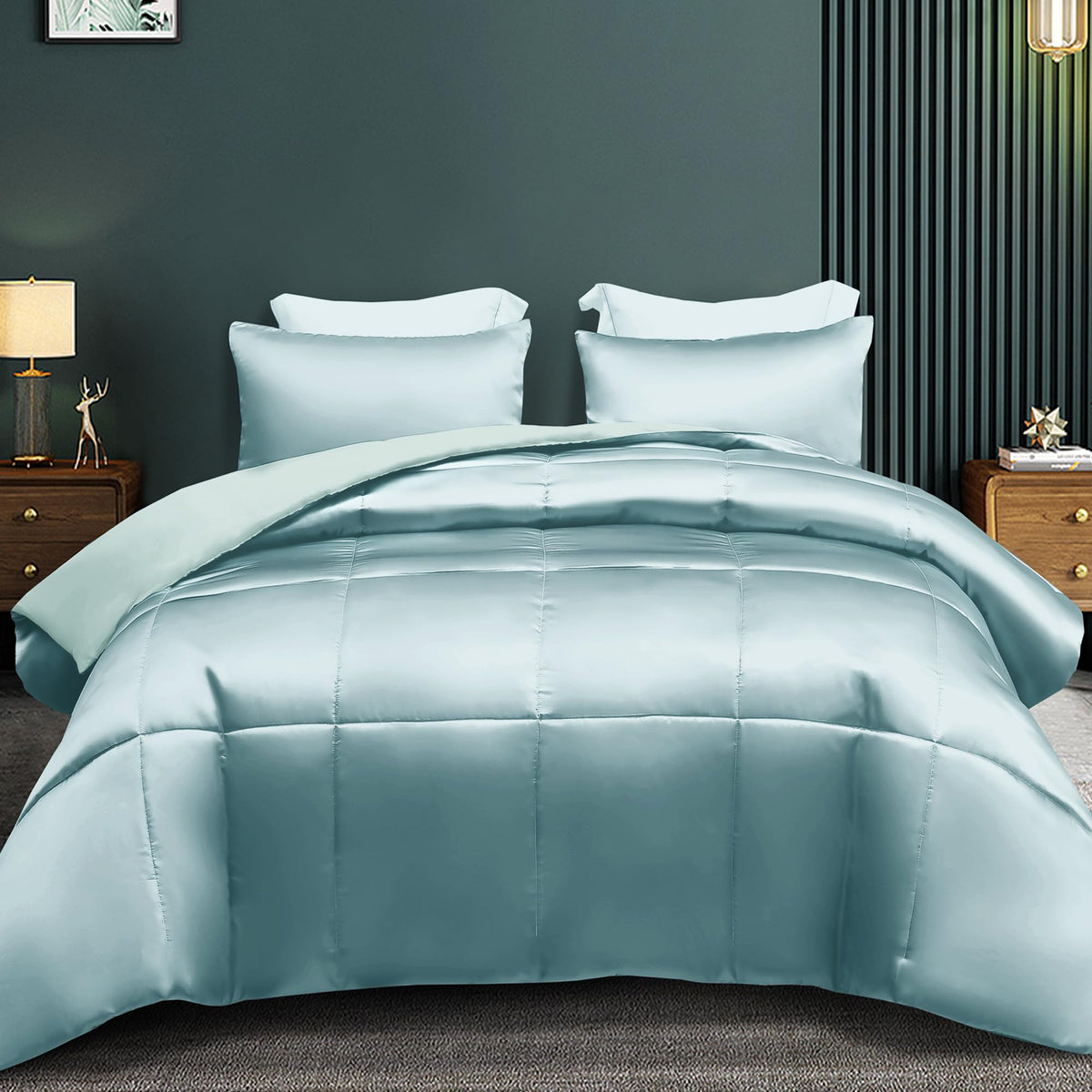 Whale Flotilla 3-Piece Reversible King Size Silky Comforter Set/Bedding Set, Luxury Soft Satin Comforter With 2 Satin Pillowcase