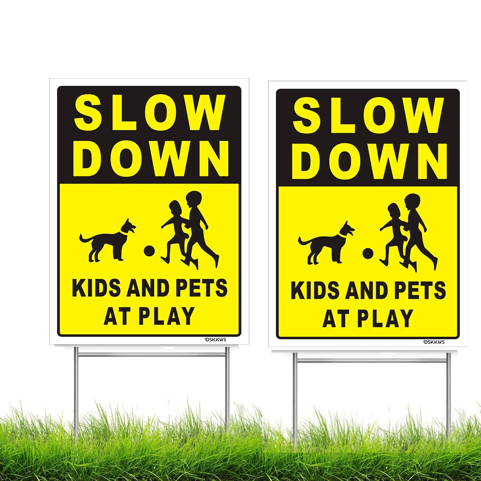 Dskkws Slow Down Kids And Pets At Play Sign, 12' X 9' Yard Sign With Metal H Stake, Children Playing Sign Street Cation Yard S