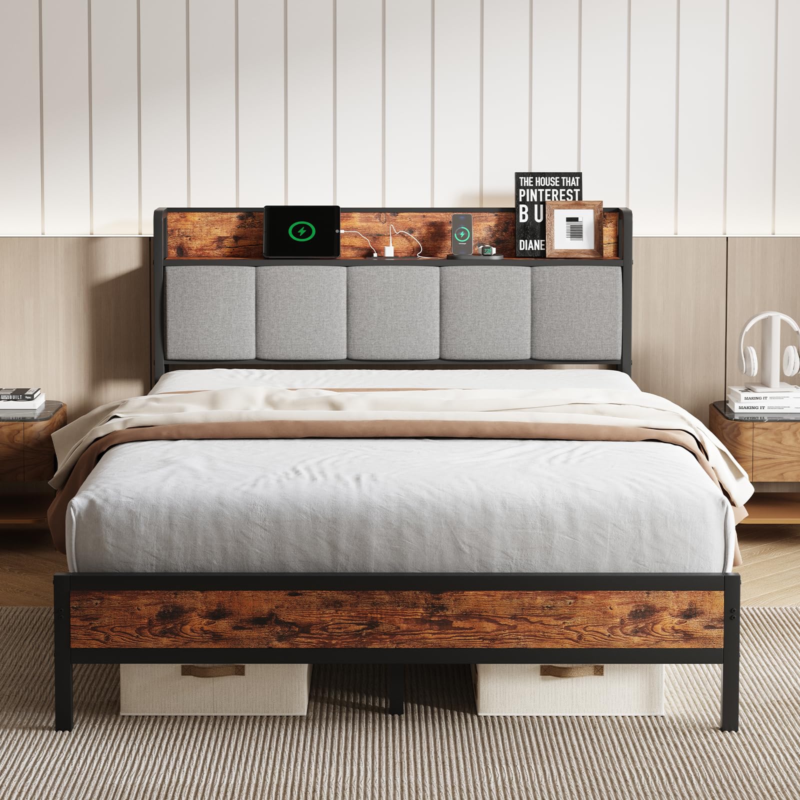 Novilla Queen Bed Frame with Charging Station USB/Type-C & Storage Headboard, Modern Metal Platform Bed Frame, Easy Assembly, He