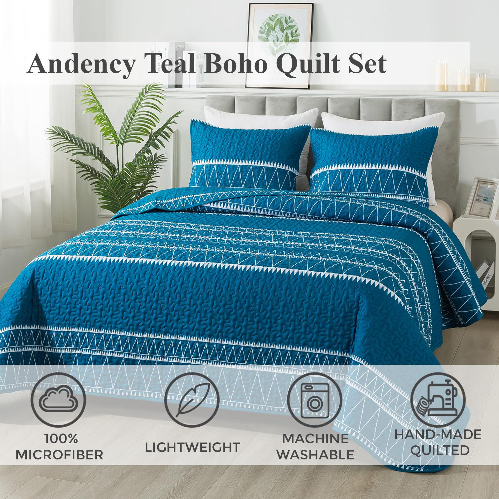 Andency Teal Quilt Set Twin (68X86 Inch), 2 Pieces(1 Striped Triangle Printed Quilt And 1 Pillowcase), Bohemian Summer Lightweight Reversible Microfiber Bedspread Coverlet Sets