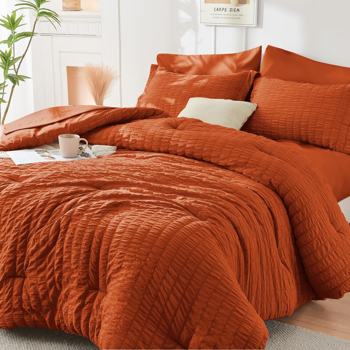 Hymokege Burnt Orange Full Size Comforter Sets Seersucker 7 Pieces, All Season Luxury Bed In A Bag For Bedroom, Bedding Set With