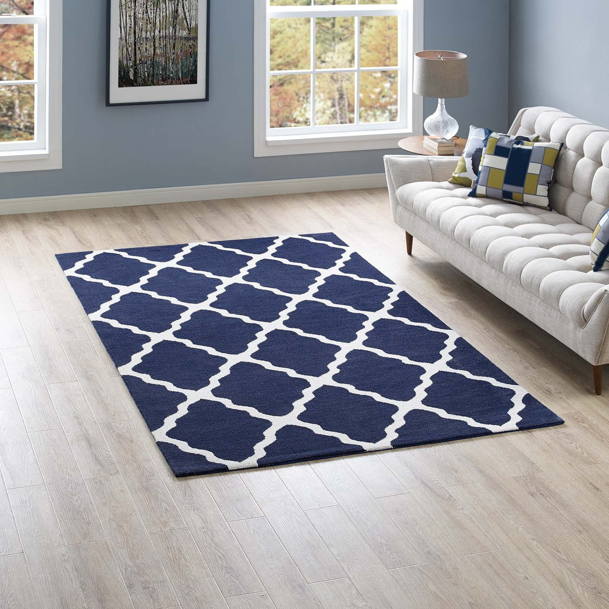 Modway Marja Moroccan Trellis 5X8 Area Rug With Lattice Design In Navy And Ivory