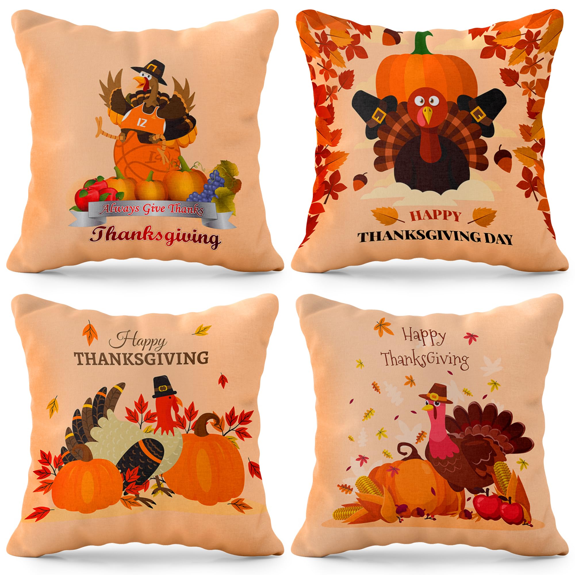 Katchon, Happy Thanksgiving Pillow Covers 18X18 Inch - Set Of 4 | Thanksgiving Throw Pillow Covers | Thanksgiving Turkey Pillow