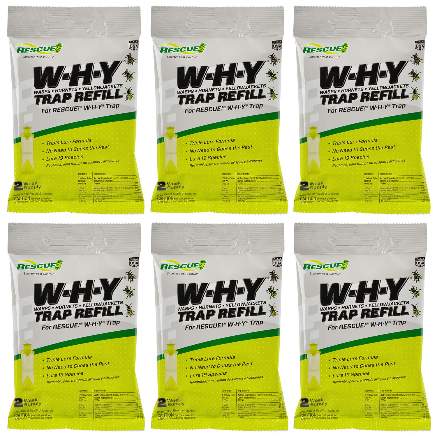 Rescue! Non-Toxic Wasp, Hornet, Yellowjacket Trap (Why Trap) Attractant Refill - 2 Week Refill - 6 Pack