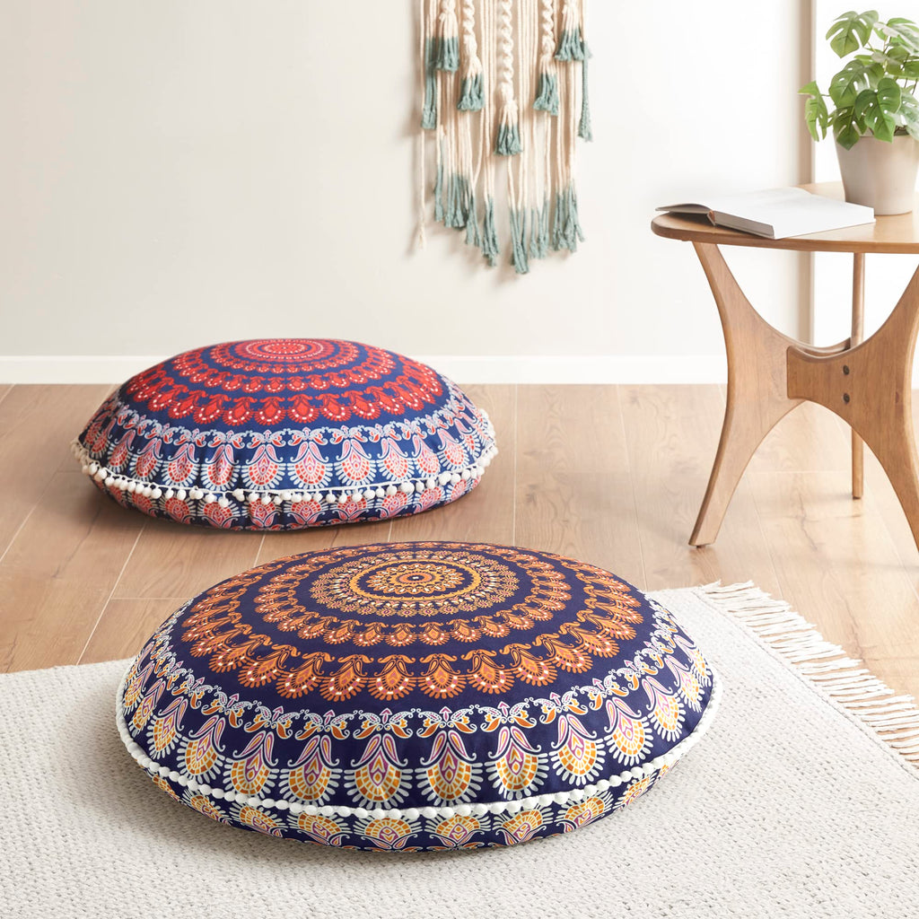 Codi Meditation Floor Pillows Set Of 2, Round Large Pillow Seating For Adults, Bohemian Mandala Circle Floor Cushion For Outdoor Fireplace Yoga Living Room, 32 Inch, Yellow Memory Foam Added