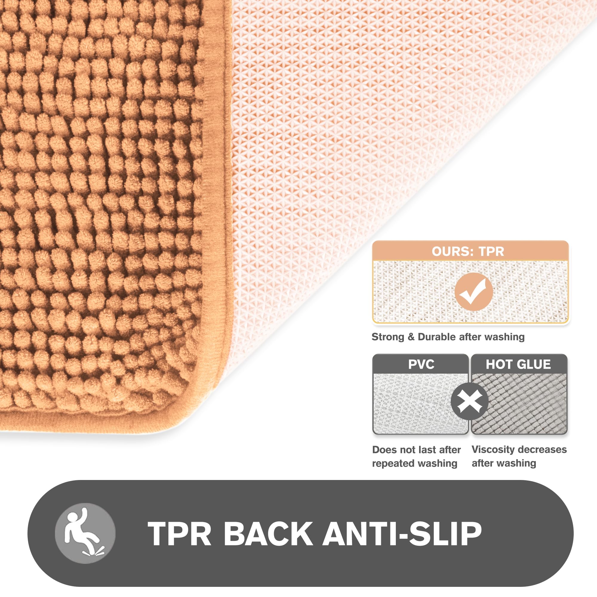 Pureswan Peach 47 X 17 Bathroom Rugs - Absorbent And Washable Bath Mat, Non-Slip, Thick Soft Chenille Bath Rugs For Bathroom Flo