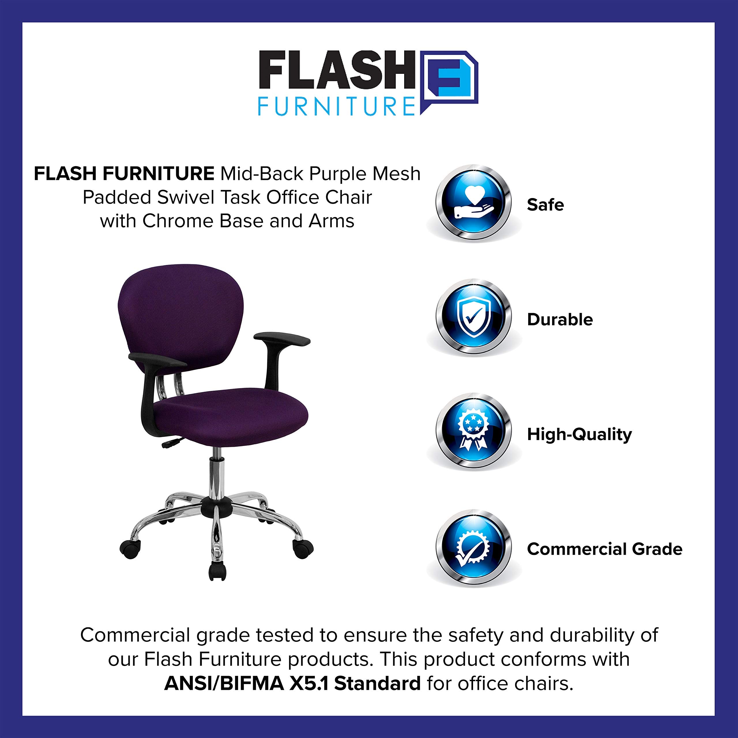 Flash Furniture Beverly Mid-Back Purple Mesh Padded Swivel Task Office Chair with Chrome Base and Arms