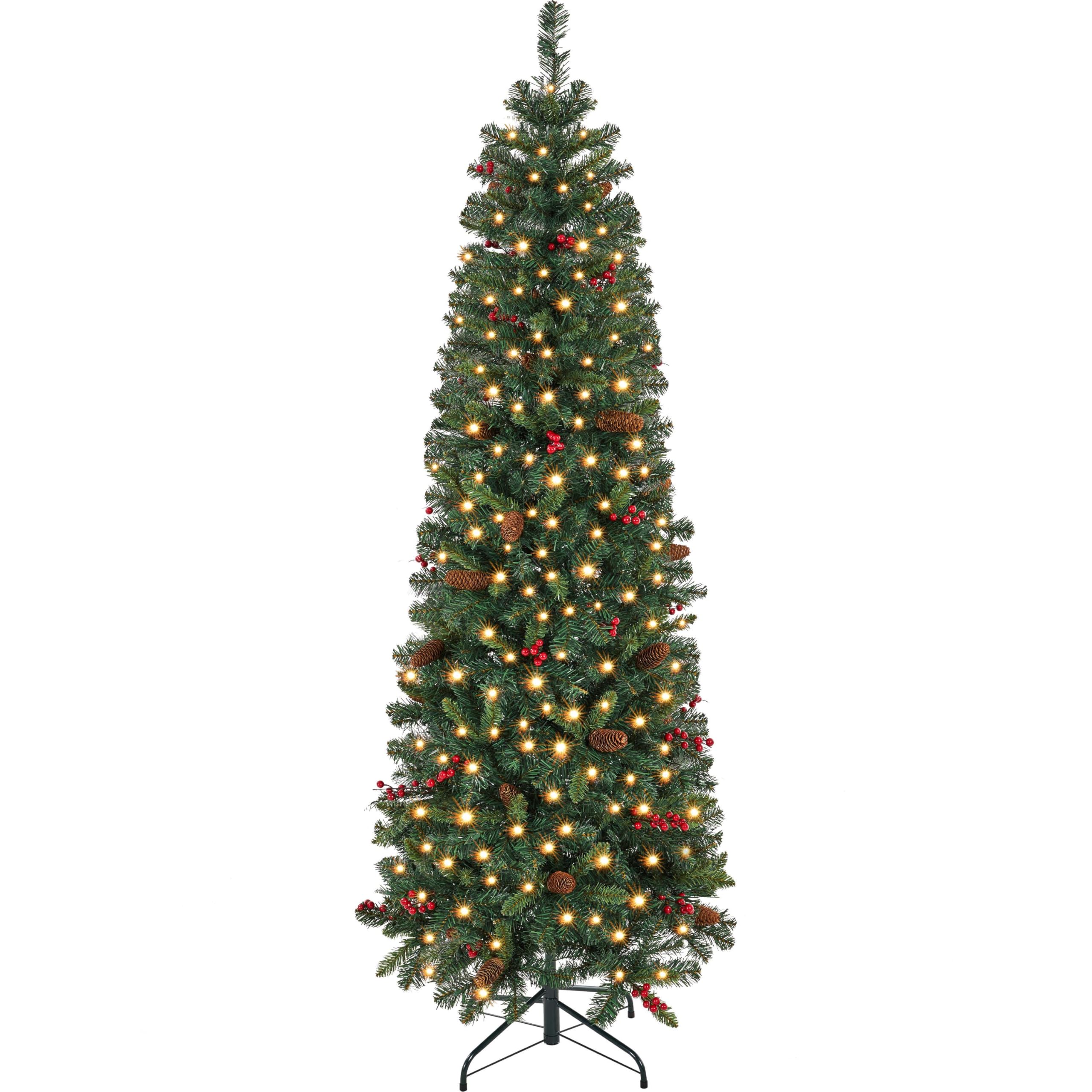 Yaheetech 6ft Pre-lit Pencil Spruce Christmas Tree, Artificial Slim Xmas Fir, Pre-Decorated for Home, Office, Party, Holiday Dec