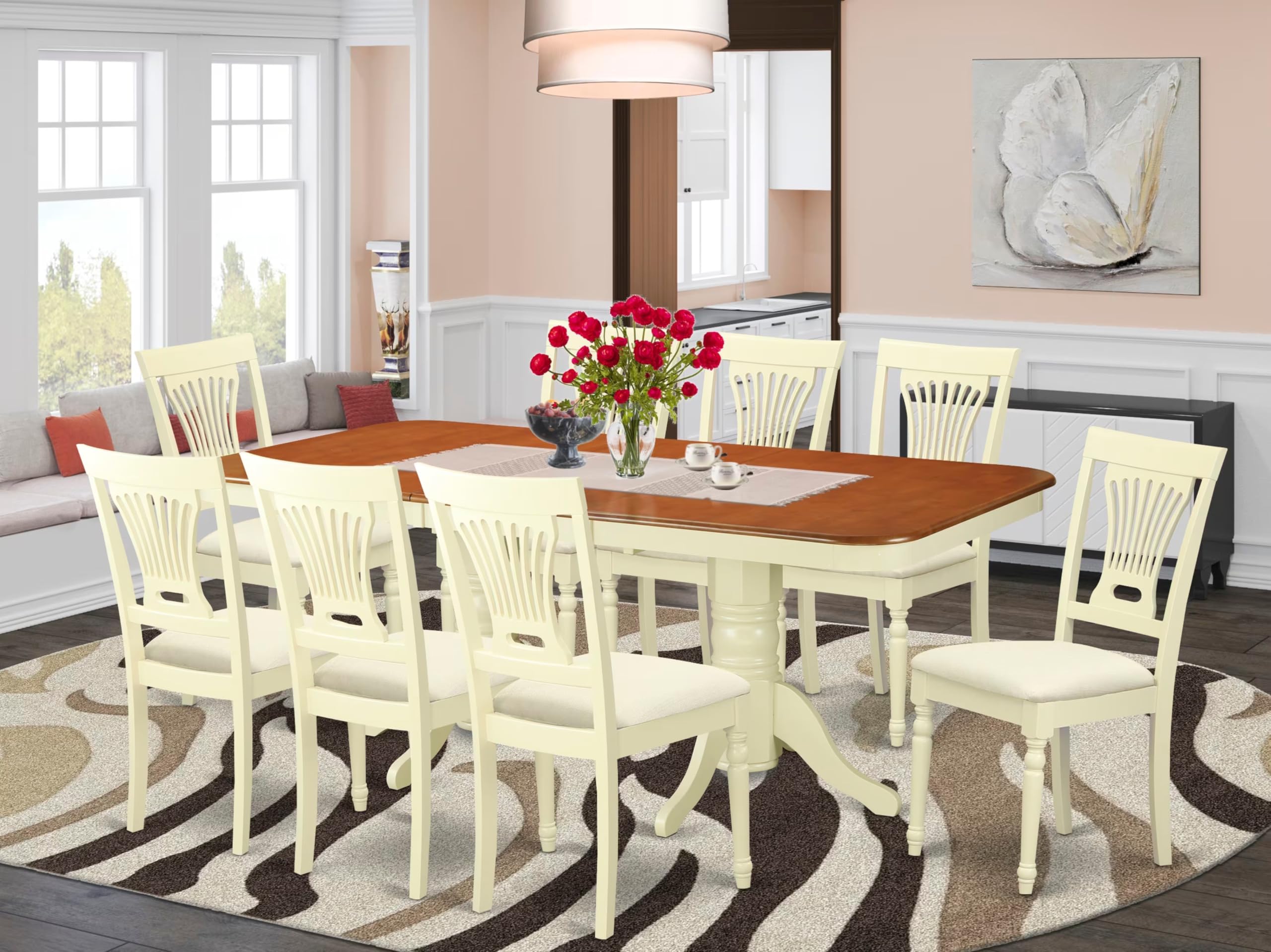East West Furniture NAPL9-WHI-C 9 Piece Modern Dining Table Set Includes a Rectangle Wooden Table with Butterfly Leaf and 8 Linen Fabric Dining Room Chairs, 40x78 Inch, Buttermilk & Cherry