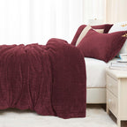 ChiXpace Fluffy King Comforter Set - Furry Burgundy Leaves Pattern Faux Fur Bed Set, Winter Ultra Soft Fuzzy Comfort Set, Velvet