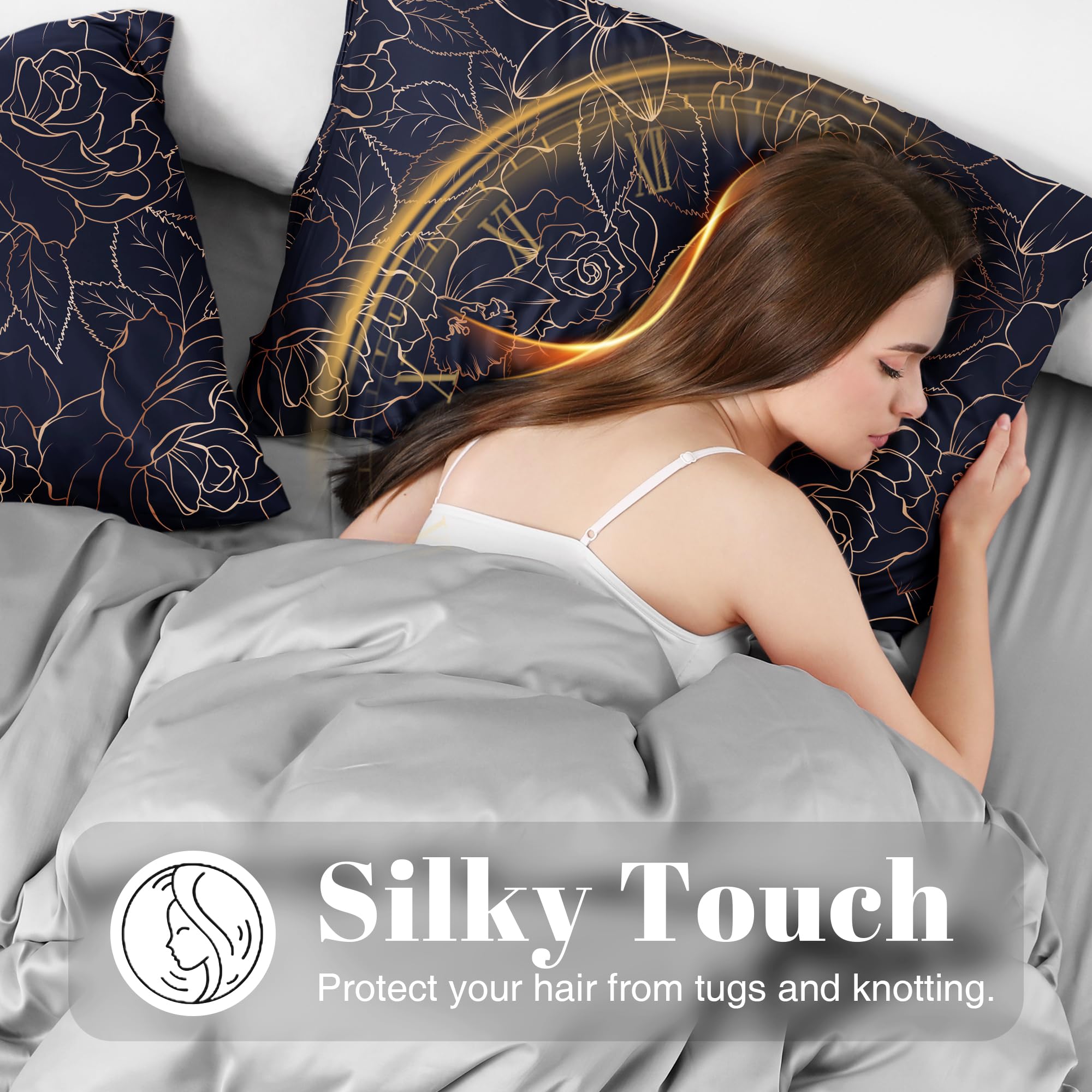 Exq Home Satin Pillowcase For Hair And Skin Queen - Printed Blue Rose Silk Pillowcase 2 Pack 20X30 Inches - Satin Pillow Cases S