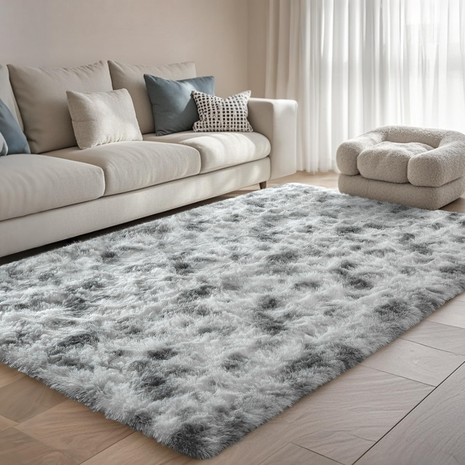 Grey White Rug for Living Room Fluffy 4x6 ft Bedroom Rug Non-Slip Fuzzy Area Rugs Shag Carpet for Nursery Kids Play Room Dorm Of
