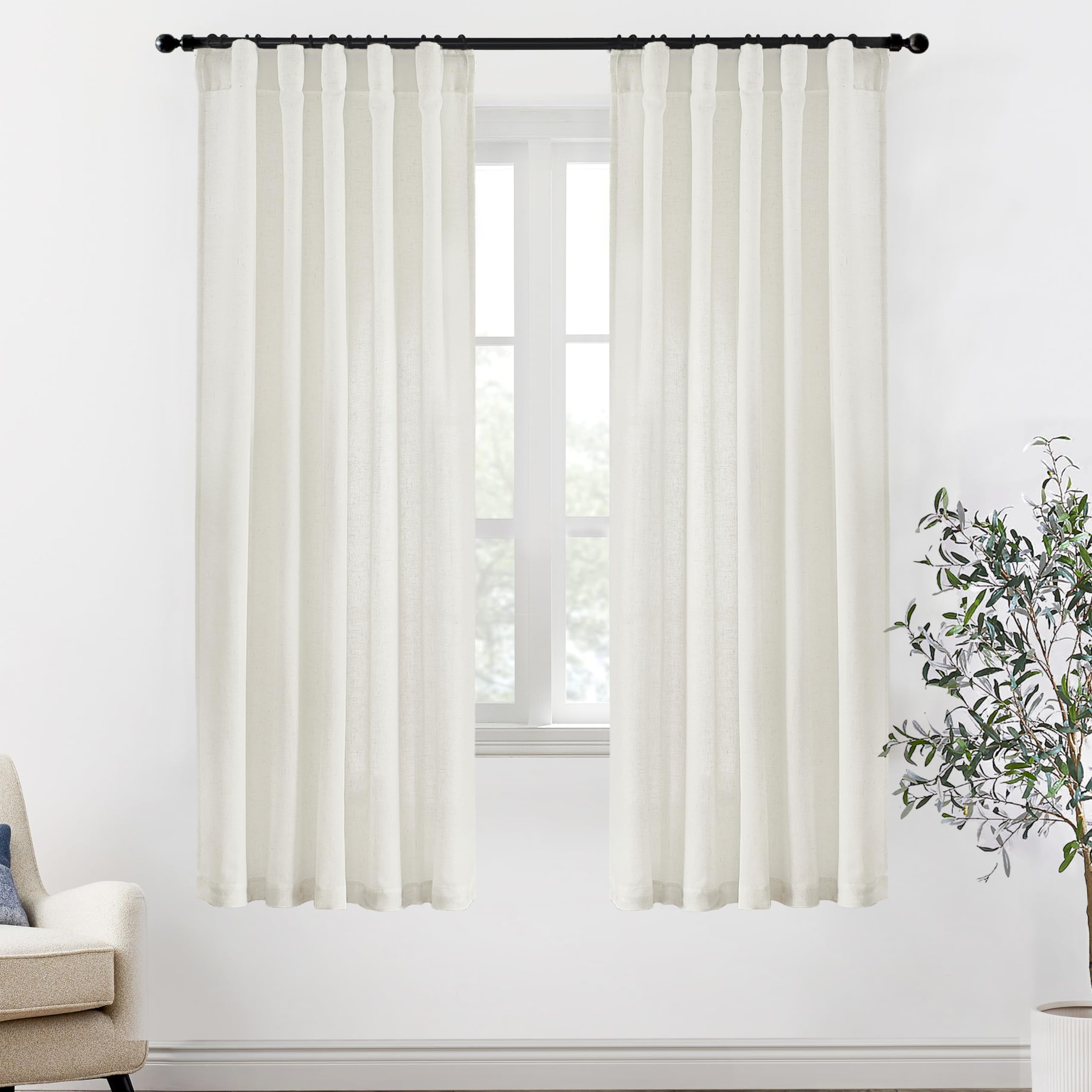 Xtmyi 72 Inch Long Linen Curtains For Living Room,Sheer Semi Privacy Back Tab Hooks Pleated Light Filtering Sidelight French Doo