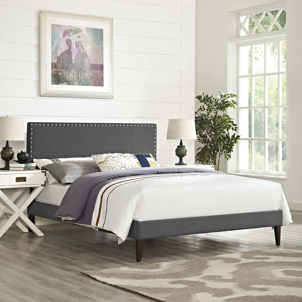 Modway Macie Fabric Upholstered Full Platform Bed Frame With Tapered Legs In Gray