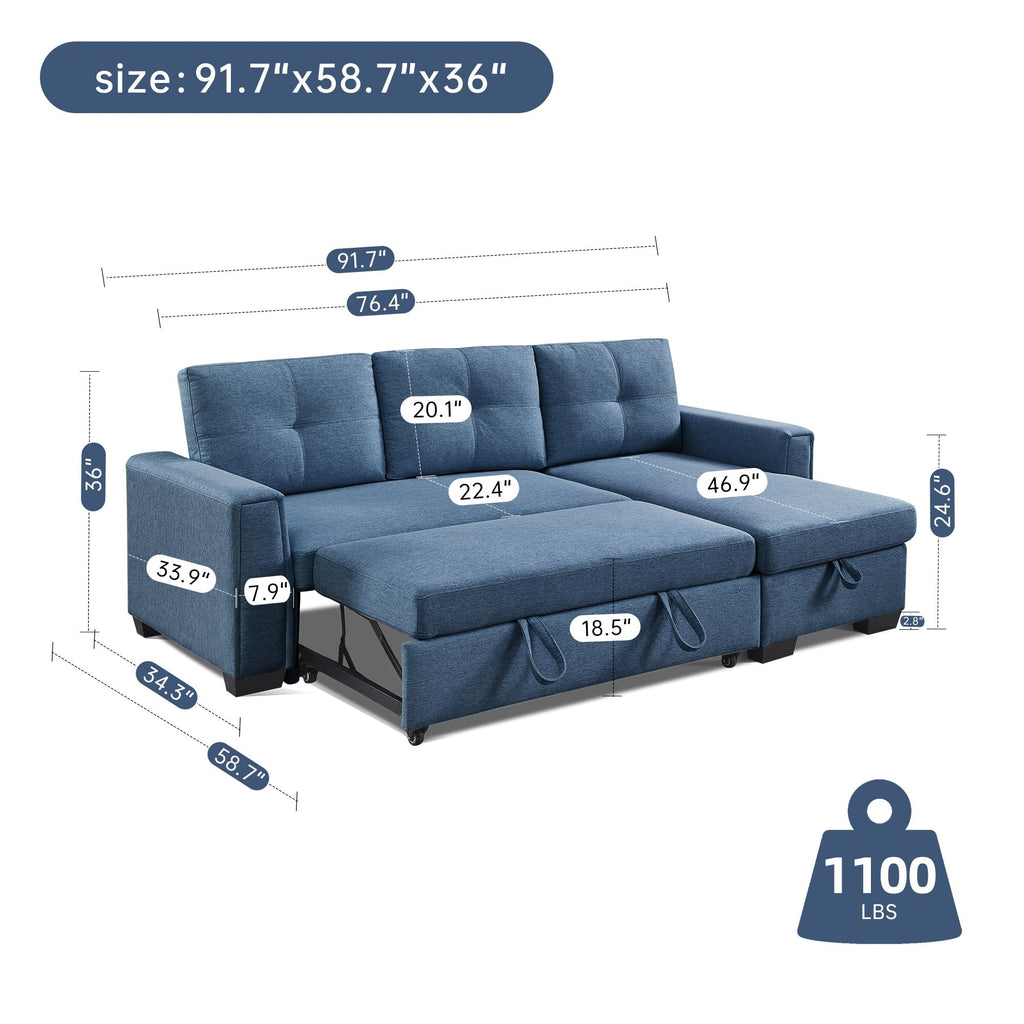 American Furniture Classics Blue Tufted Sectional Chaise Sofa Sleeper with Storage, 92" x 59" x 36"