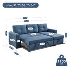 American Furniture Classics Blue Tufted Sectional Chaise Sofa Sleeper with Storage, 92" x 59" x 36"