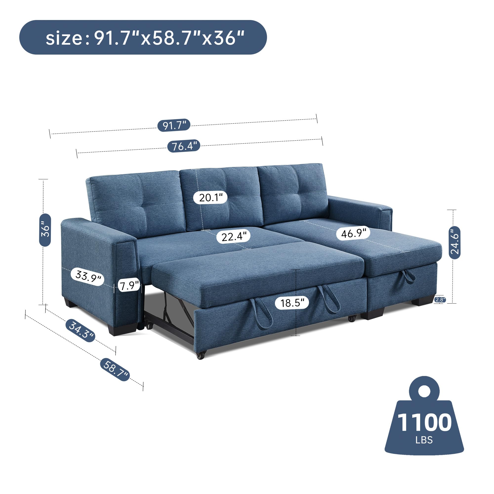 American Furniture Classics Blue Tufted Sectional Chaise Sofa Sleeper with Storage, 92" x 59" x 36"