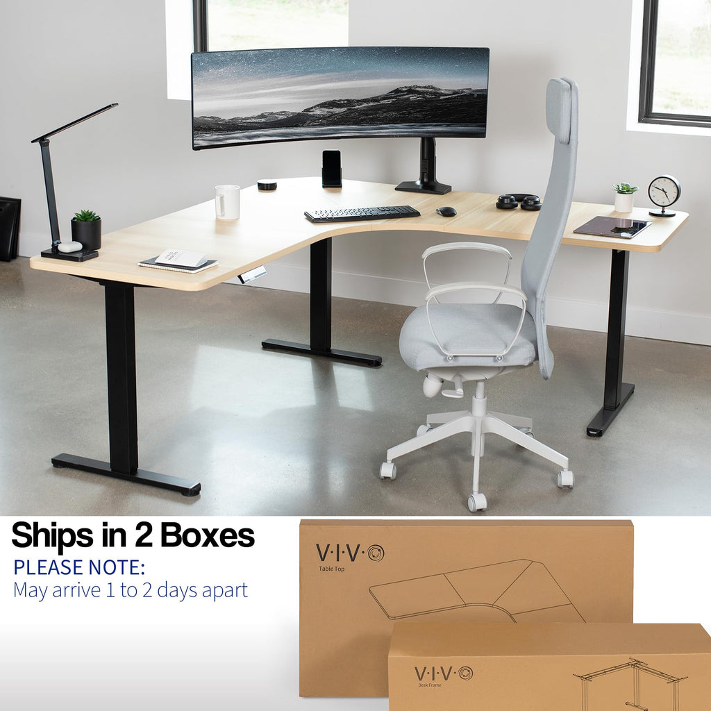 Vivo Electric Height Adjustable 71 X 71 Inch Curved Corner Stand Up Desk, Light Wood Table Top, Black Frame, Memory Controller, L-Shaped Workstation, E3C Series, Desk-Kit-E3Cbc