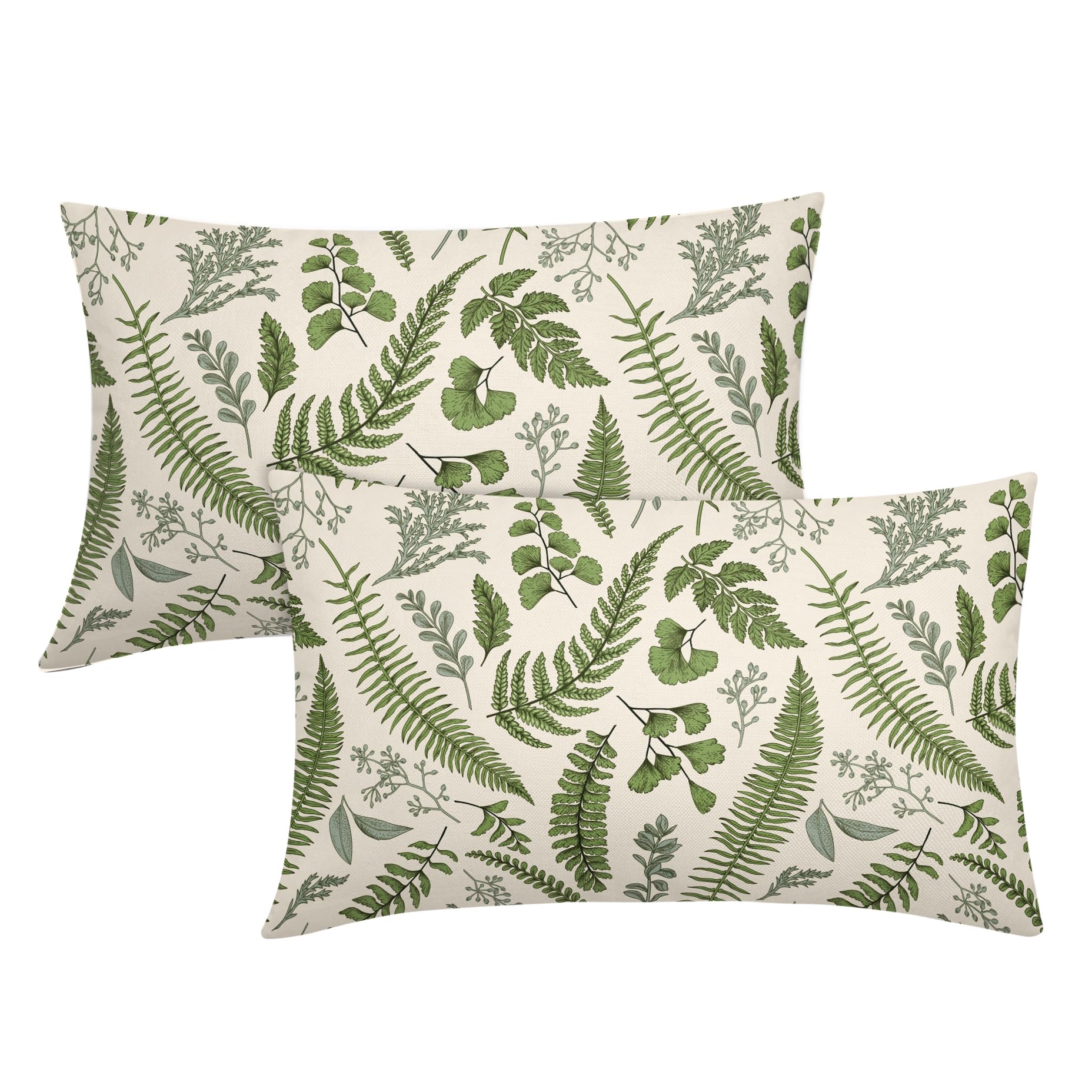 Sage Green Leaf Plant Lumbar Pillow Covers 12X20 Inch Set Of 2 Tropical Fern Herbs Botanical Leaves Floral Decorative Pillow Cas