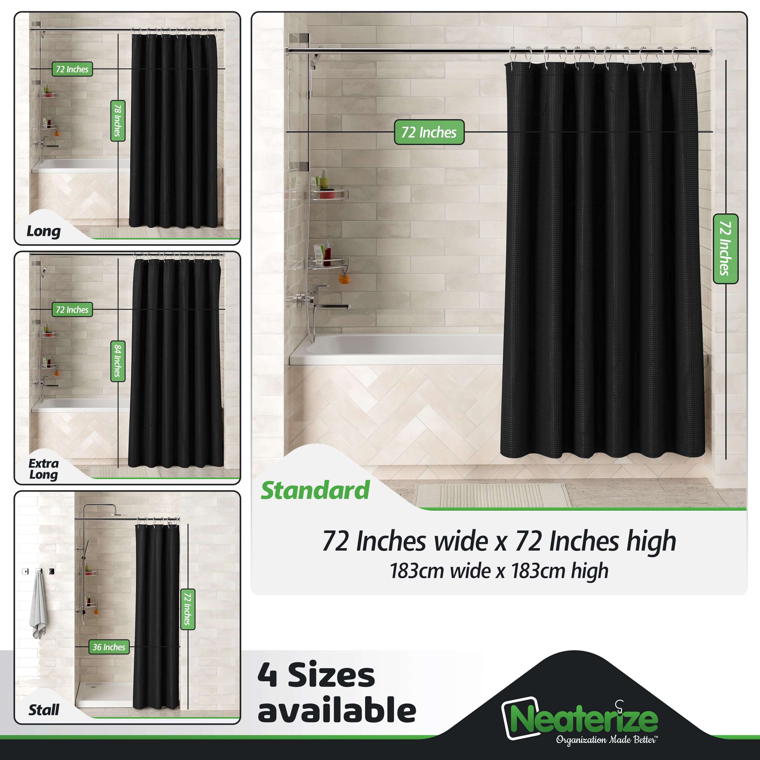 Neaterize Shower Curtain Black - Hotel Style Black Shower Curtains For Bathroom With Waffle Design, 72X72 Inches - Fabric Shower