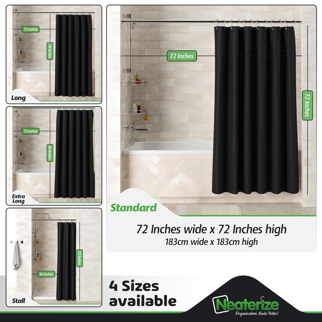 Neaterize Shower Curtain Black - Hotel Style Black Shower Curtains For Bathroom With Waffle Design, 72X72 Inches - Fabric Shower