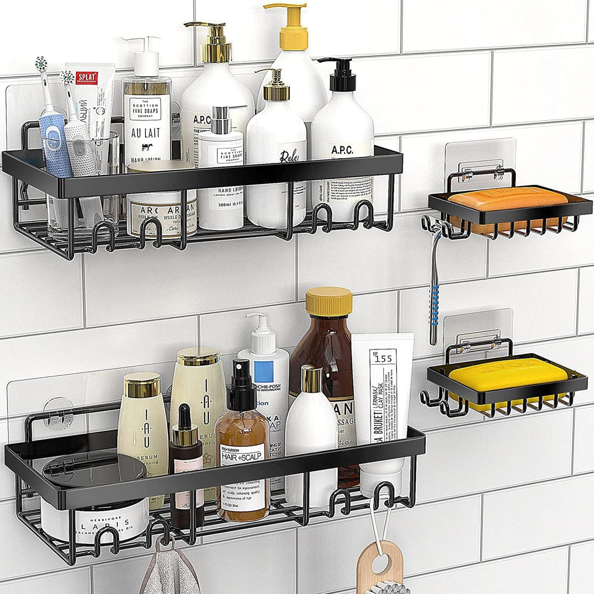 Sulfar 4 in 1 Self Adhesive Organizer Combo Racks and Shelves for Wall/Stand for Bathroom Without Drill Soap Holder for Bathroom