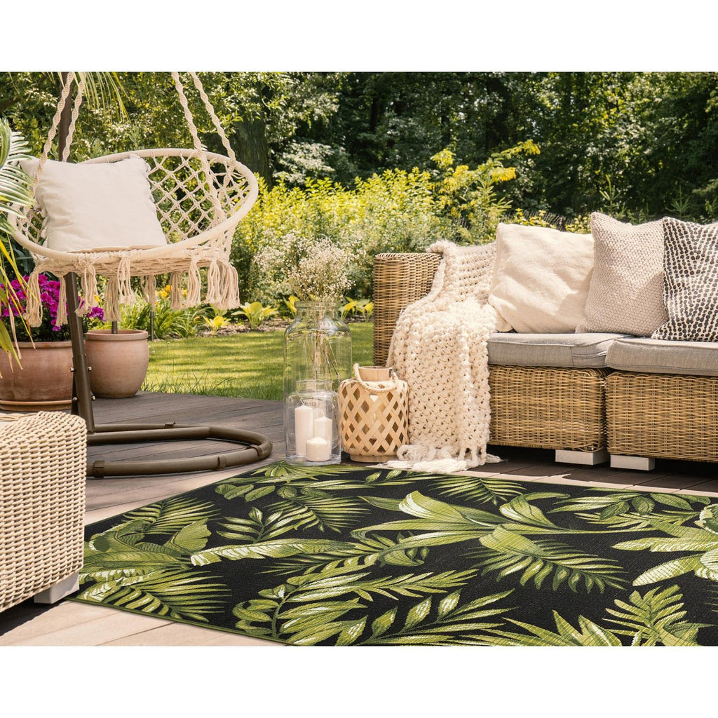 Liora Manne Marina Indoor/Outdoor Power Loomed Synthetic Blend Low Profile Area Rug - Transitional Graphic Botanical Beach Camping (Jungle Leaves Black) (4'10' X 7'6')