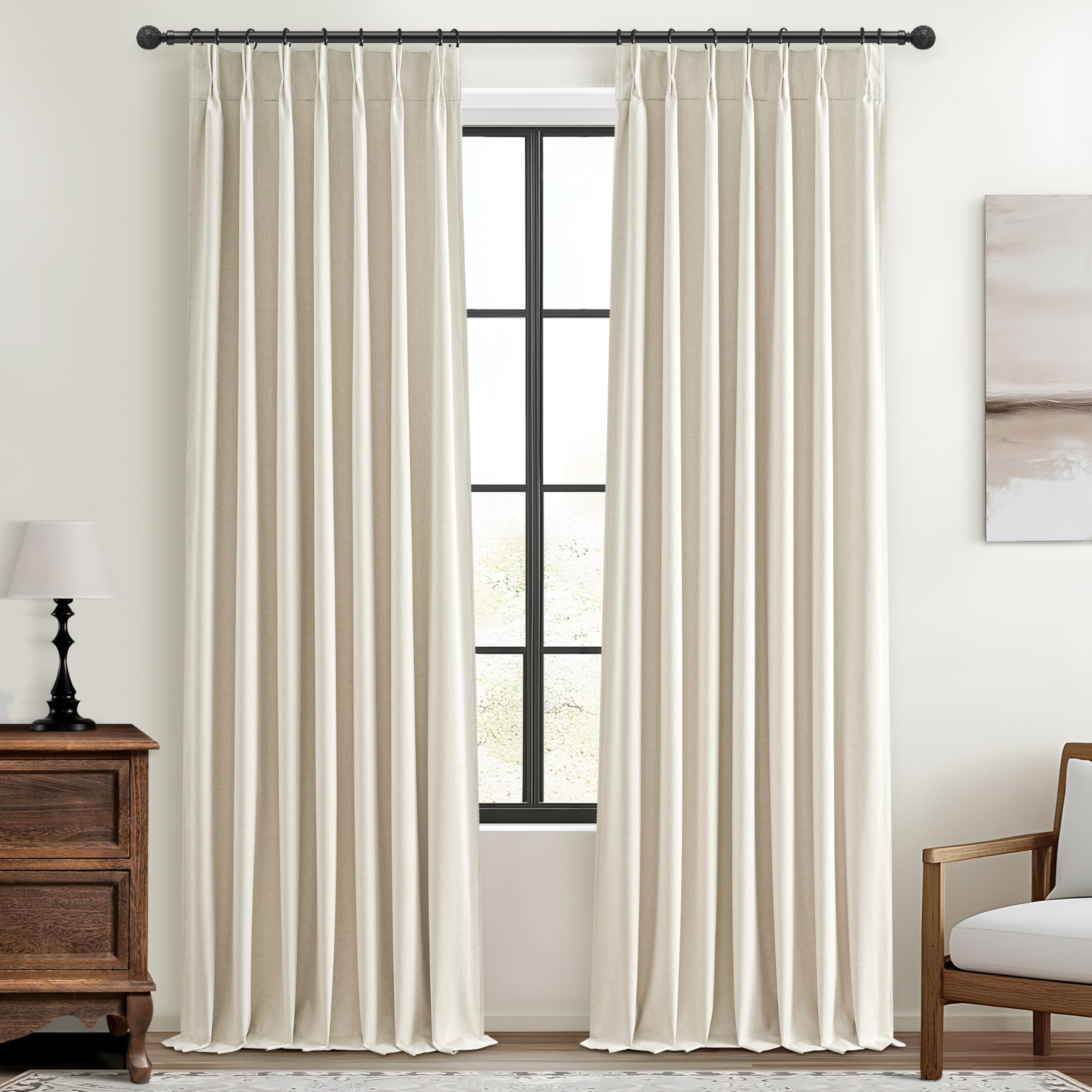 Cream Blackout Curtains & Drapes 96 Inches Long 2 Panels Set for Sliding Glass Doors, Pinch Pleated Thick Linen Blend Windows Cu