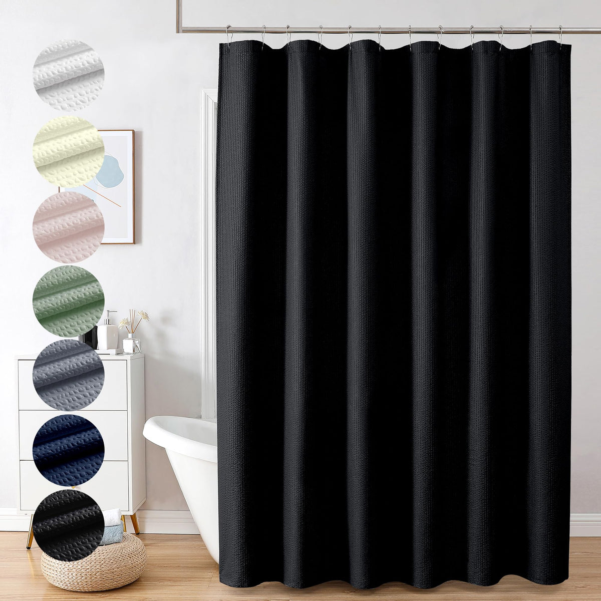 Ovzme Berry Black Shower Curtain, Embossed Textured Fabric Shower Curtain For Bathroom - Soft Cloth & Hotel Spa Luxury, Water Re