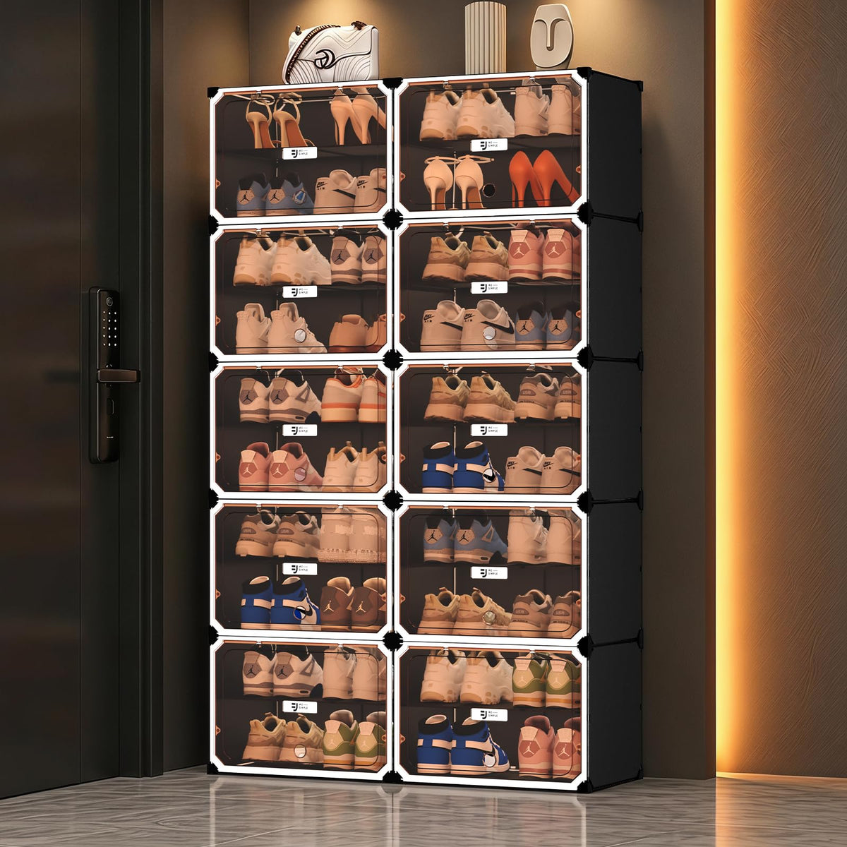 Black and White 10 Tier Modular Shoe Storage Cabinet with Magnetic Doors