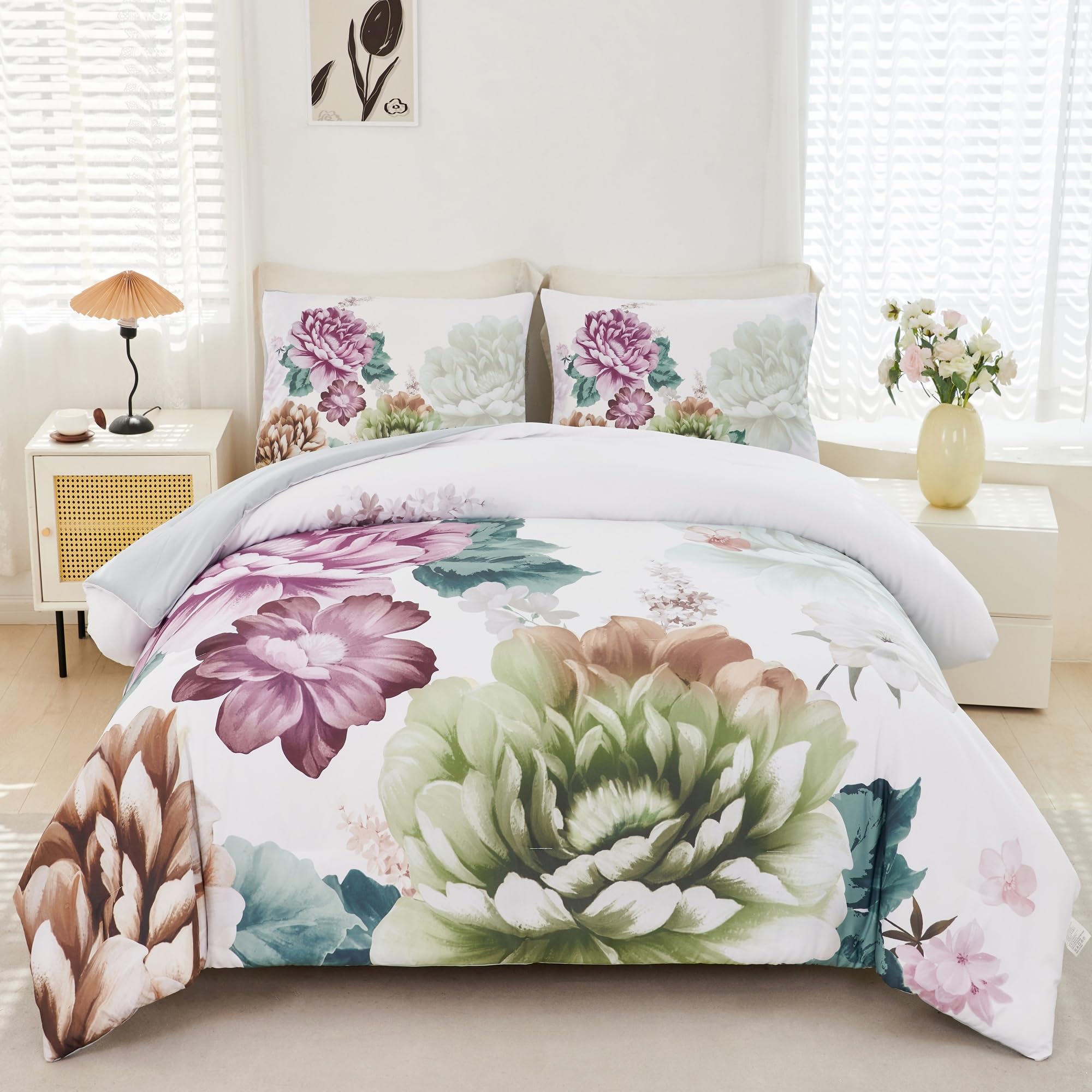 Rynghipy Floral Comforter Sets Full Size Green Flowers Bedding Set Soft Microfiber Bedding For All Season (Green,Full Size)