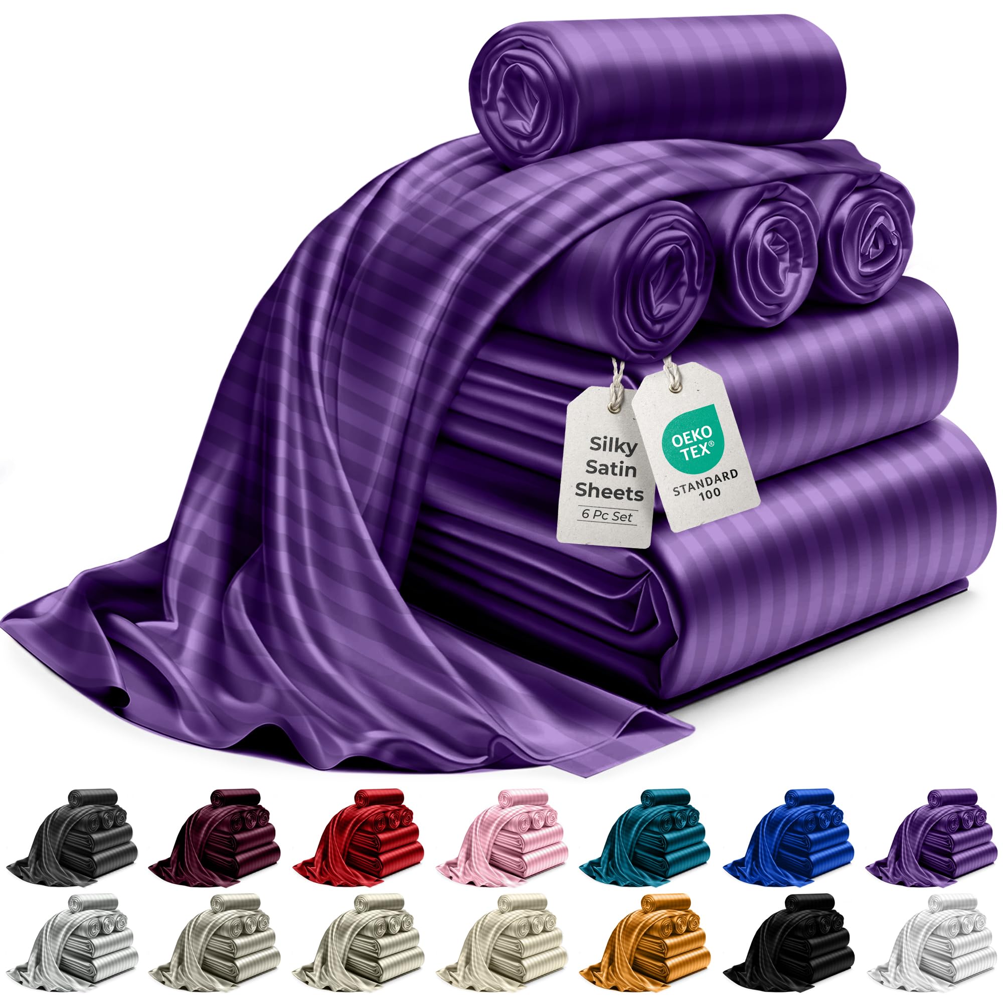 Decolure Striped Satin Sheets King Set 6Pc - Luxurious Silk Touch Satin Sheets Full - All-Season Silky Soft Full Size Bed Sheets