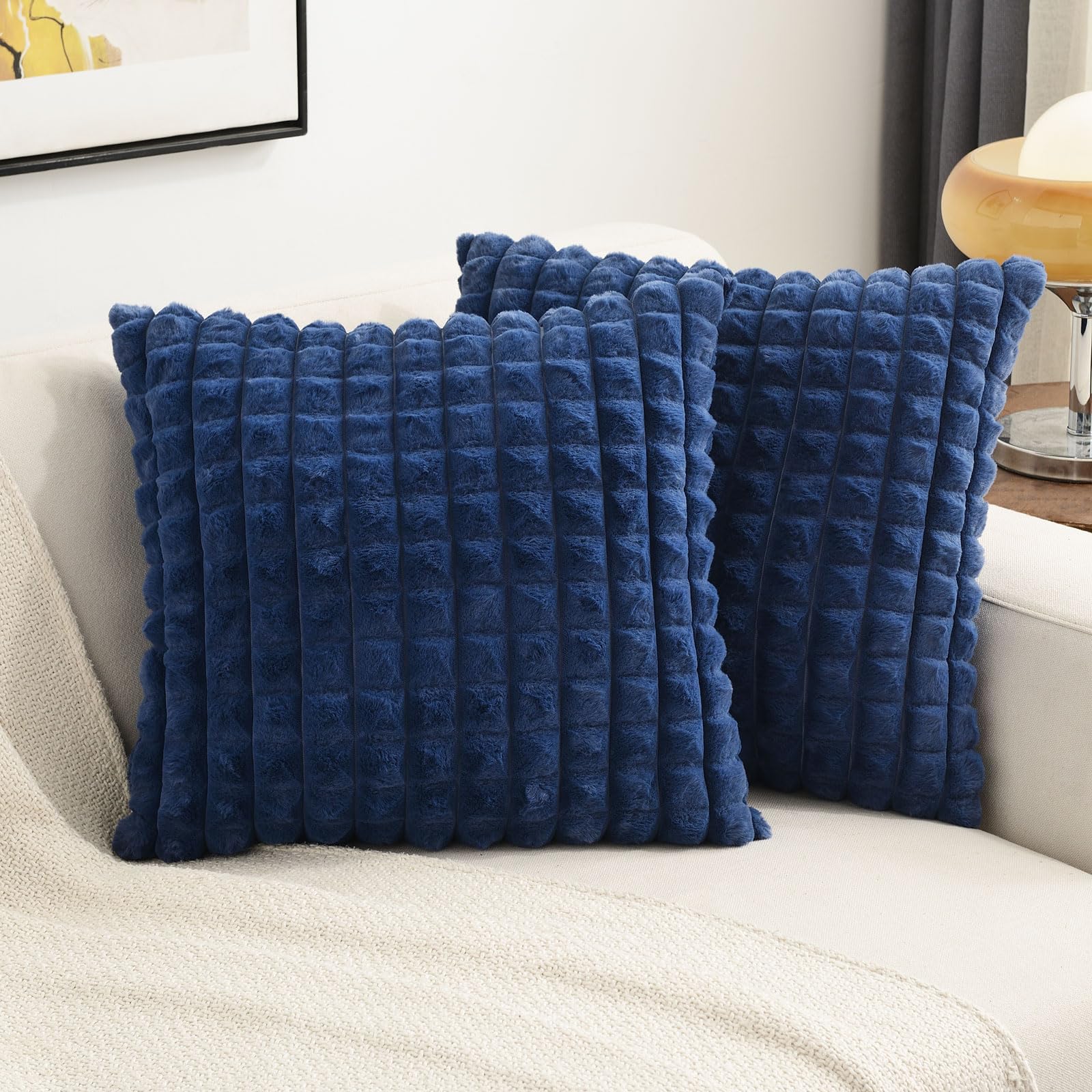 Futei Navy Blue Decorative Throw Pillow Covers 26X26 Inch Set Of 2,Square Cushion Case,Soft Fluffy Faux Rabbit Fur Plaid/Cozy Ve
