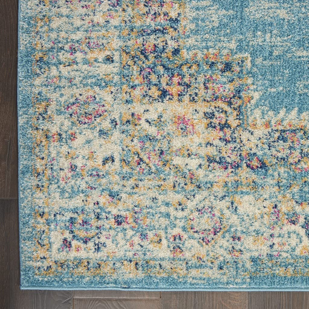HomeRoots 100% Polypropylene 2’x8’ Light Blue Distressed Medallion Runner Rug
