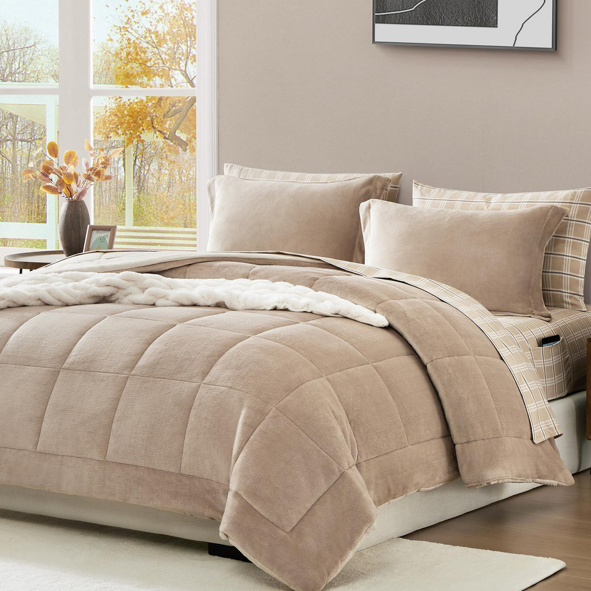 Amberspace Plush King Size Comforter Set 7 Pieces, Light Taupe Plush Flannel Velvet King Size Comforter Set With Sheets, Soft Wa