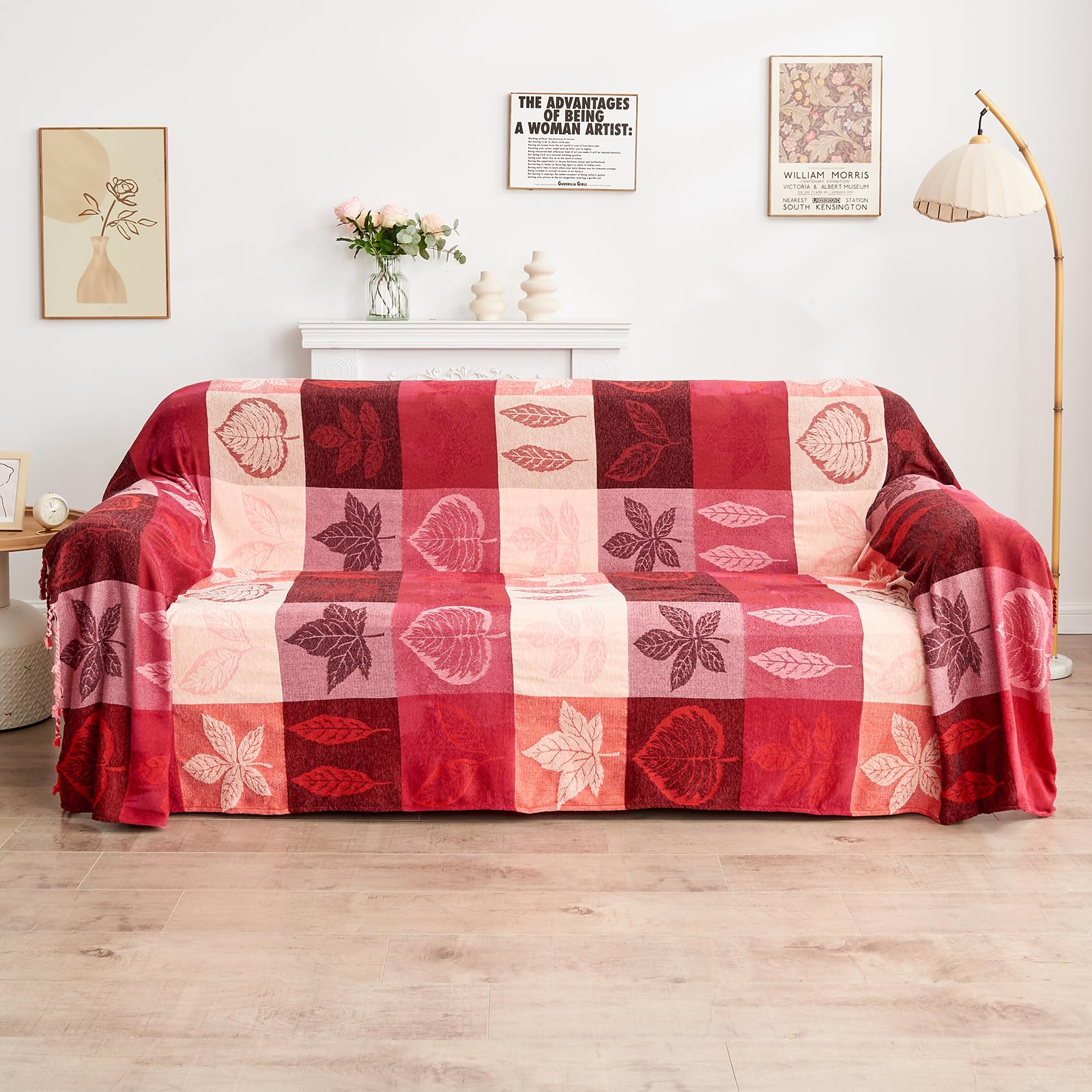 Edcooy Bohemian Chenille Jacquard Tassel Throws - Reversible Red&Pink Maple Leaf Design For Boho Hippie Vibes - Oversized Blanke