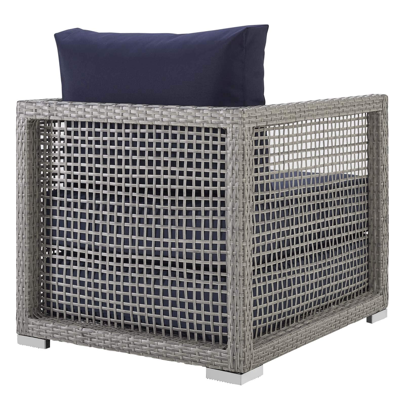 Modway Aura Outdoor Patio Wicker Rattan, Side Table And Two Armchairs, Gray Navy