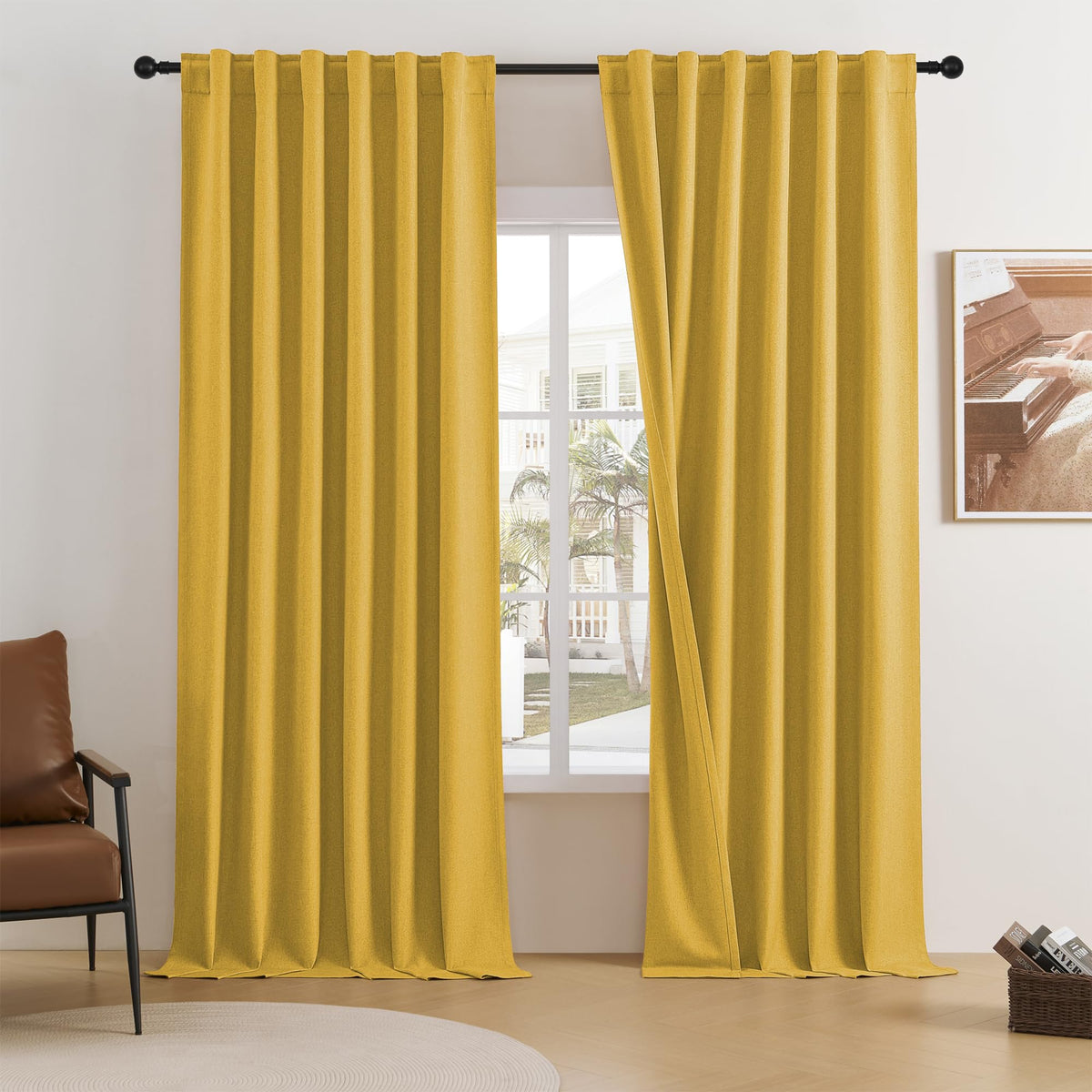 Dualife Gold Linen Blackout Curtains 120 Inch Length 2 Panels Set Burg Extra Long 10 Ft Back Tab Pocket Drapes Cotton Textured S