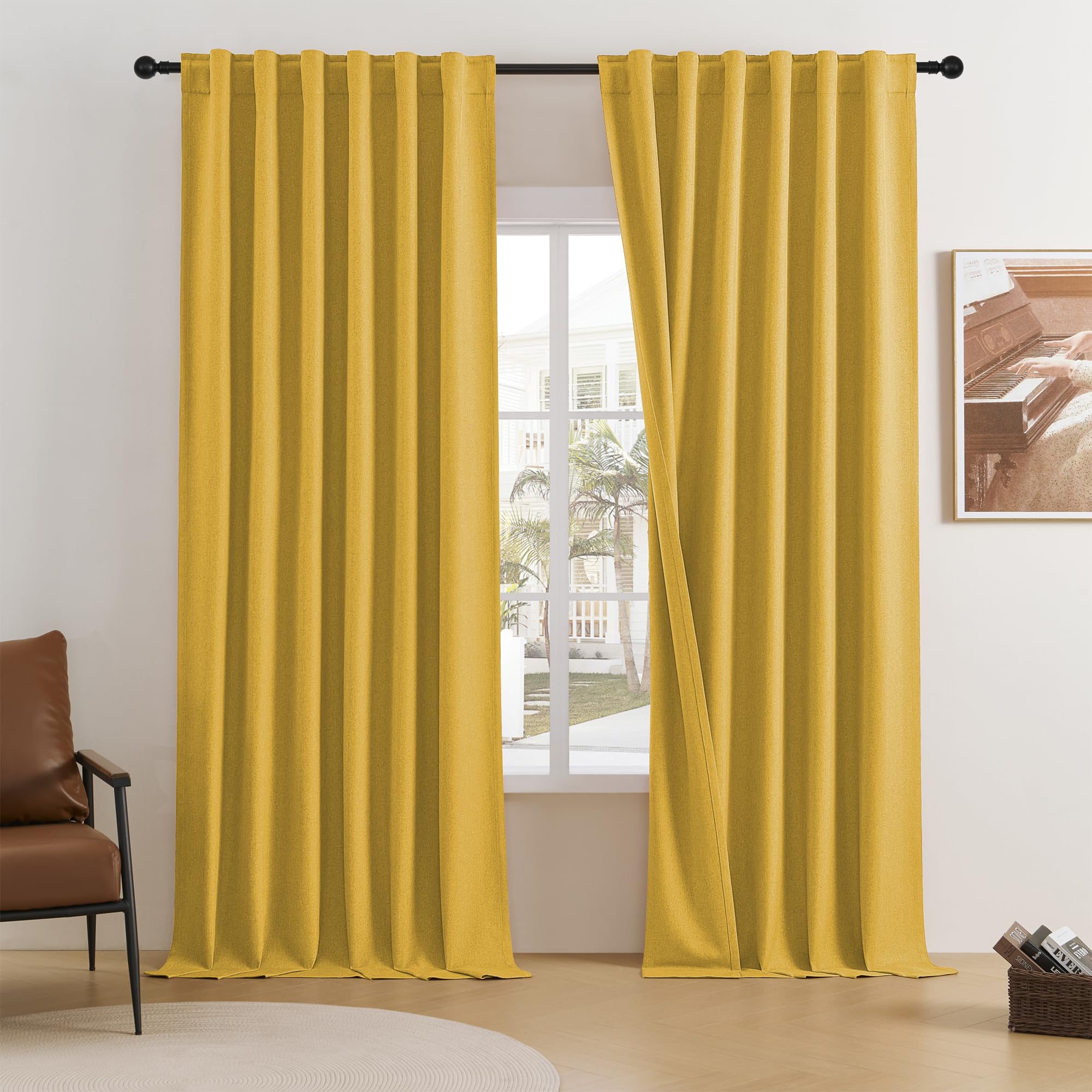 Dualife Gold Linen Blackout Curtains 120 Inch Length 2 Panels Set Burg Extra Long 10 Ft Back Tab Pocket Drapes Cotton Textured S