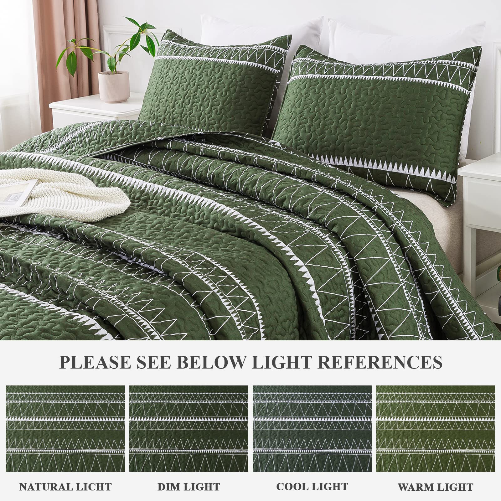 Andency Green Quilt Set California King (112X104 Inch), 3 Pieces(1 Striped Triangle Printed Quilt And 2 Pillowcases), Bohemian Summer Lightweight Reversible Microfiber Bedspread Coverlet Sets