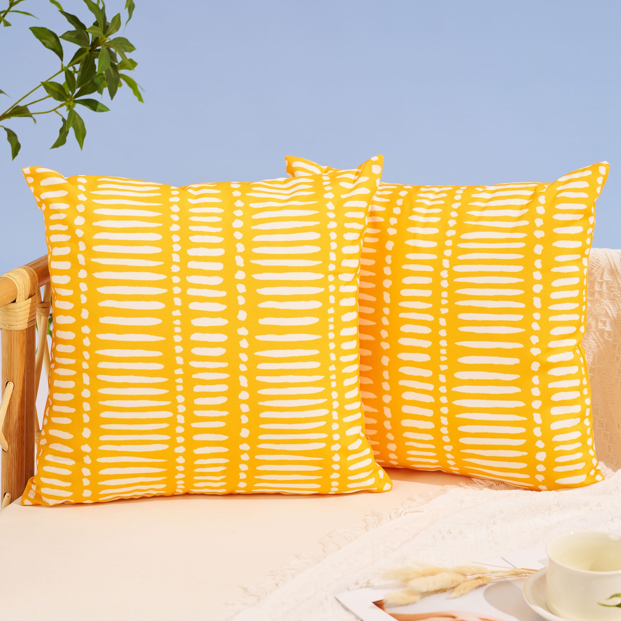 Dfxsz Outdoor Pillow Covers 18X18 Inch Set Of 2 White Lines And Polka Dots Decor Yellow Throw Pillow Covers Outdoor Waterproof P