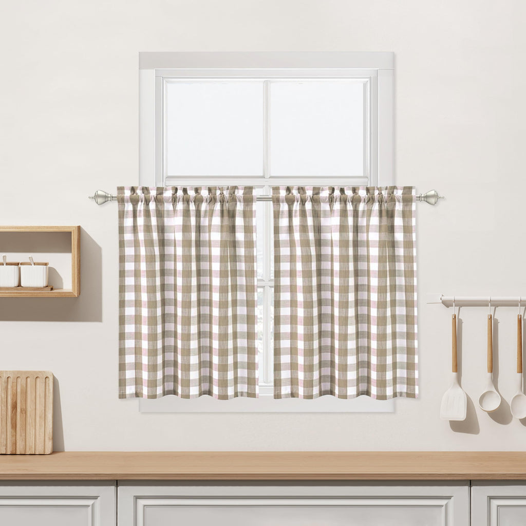 Beige Kitchen Cafe Curtains 45 Inches Length, Farmhouse Buffalo Check Pattern Short Bathroom Window Curtain, Tan Plaid Gingham F