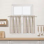 Beige Kitchen Cafe Curtains 45 Inches Length, Farmhouse Buffalo Check Pattern Short Bathroom Window Curtain, Tan Plaid Gingham F