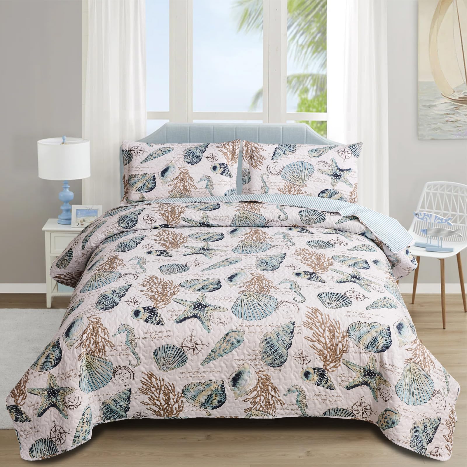 Junsey Beach Bedding King Size Lightweight Coastal Bedspreads Ocean Theme,3Pcs Conch Seashell Starfish Quilts Set Nautical Seaho