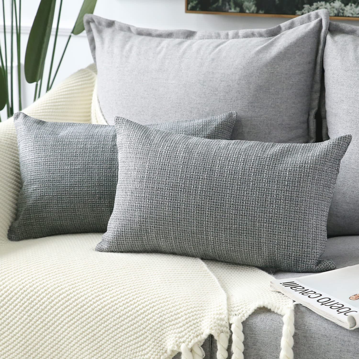 Otostar Linen Throw Pillow Covers Set Of 2 Decorative Square Pillowcases Cushion Covers 12X20 Inch For Home Decor Sofa Bedroom Car 30 X 50Cm Dark Grey