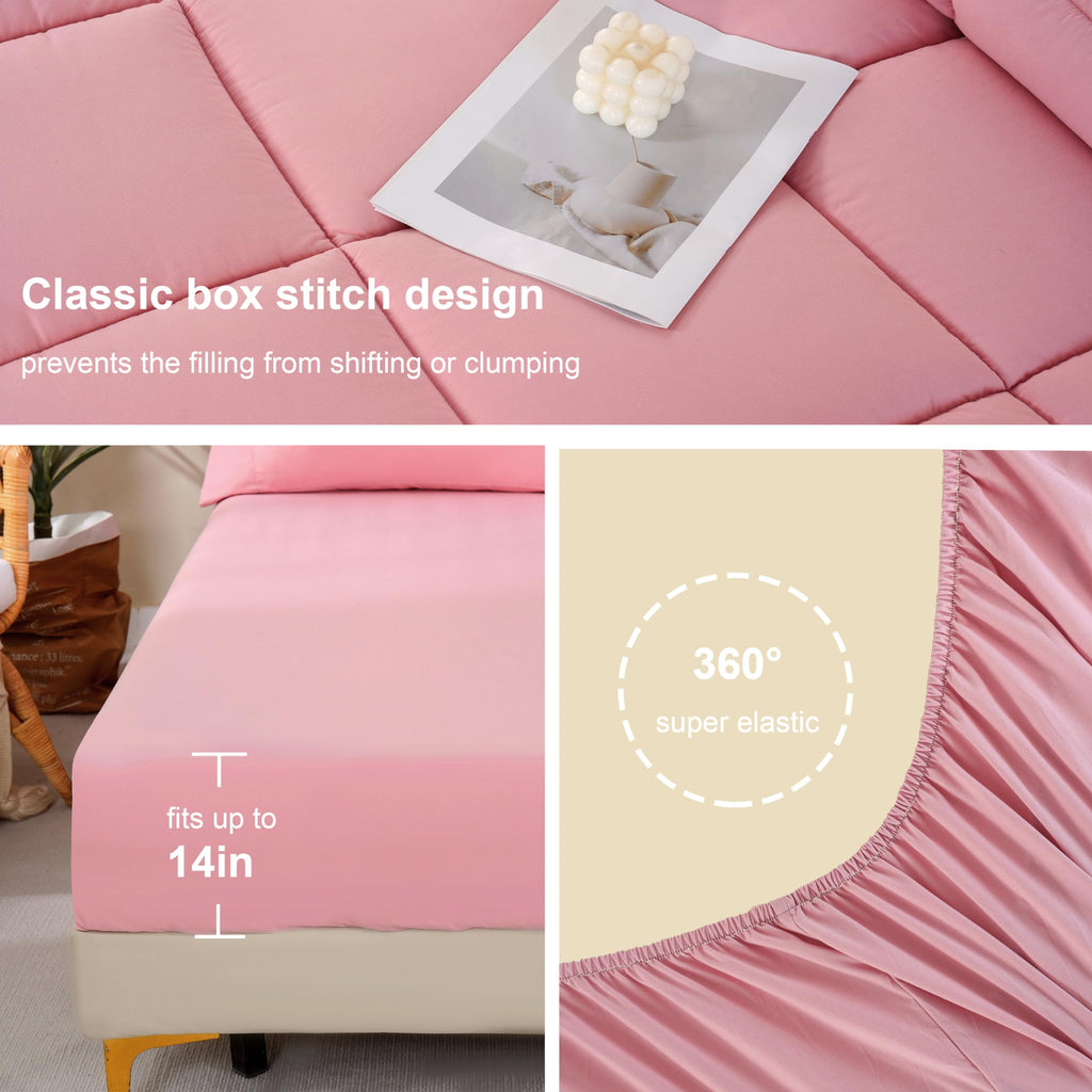 Downcool Queen Comforter Set, 7 Pieces Bedding Sets Queen Pink, All Season Down Alternative Bed In A Bag Queen With Comforter, F